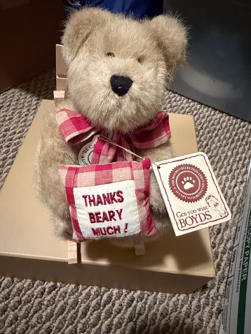 Boyds Bears Tan Teddy with Pillow Thanks Beary Much with handmade rocking chair.